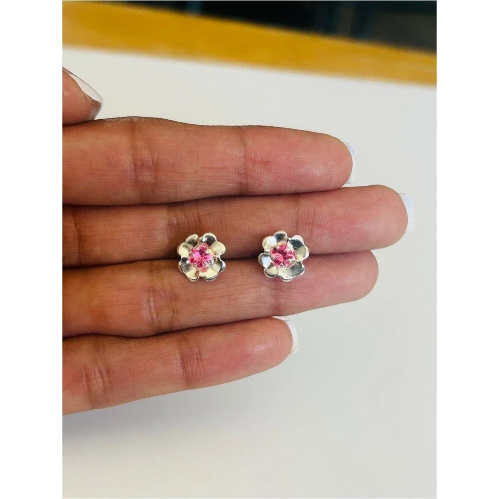 Taxco Mexico .925 Sterling Silver  Flower Stud Earrings Pink Stone|1CM|.80 G|New
